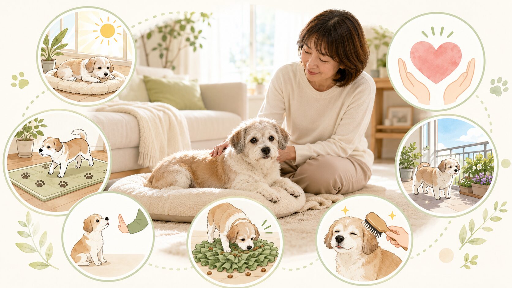 老犬が散歩に行けない日に自宅でできる日光浴や室内ケアをまとめた図解