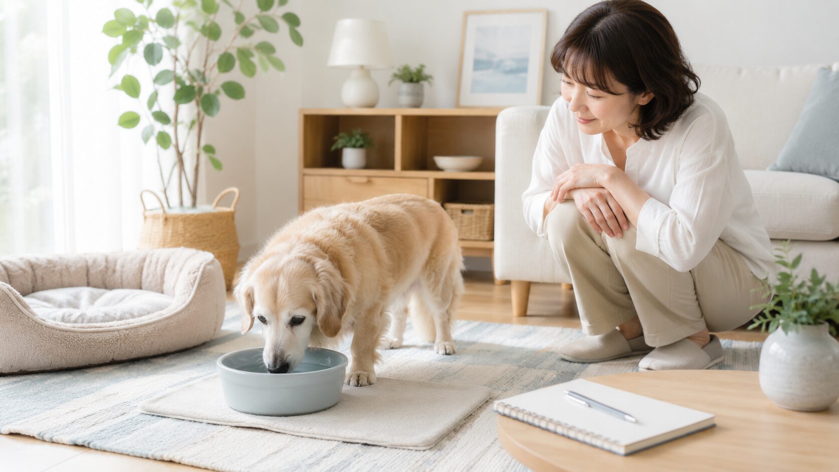 水を飲む量の変化が気になるシニア犬を飼い主がやさしく見守っているイメージ画像