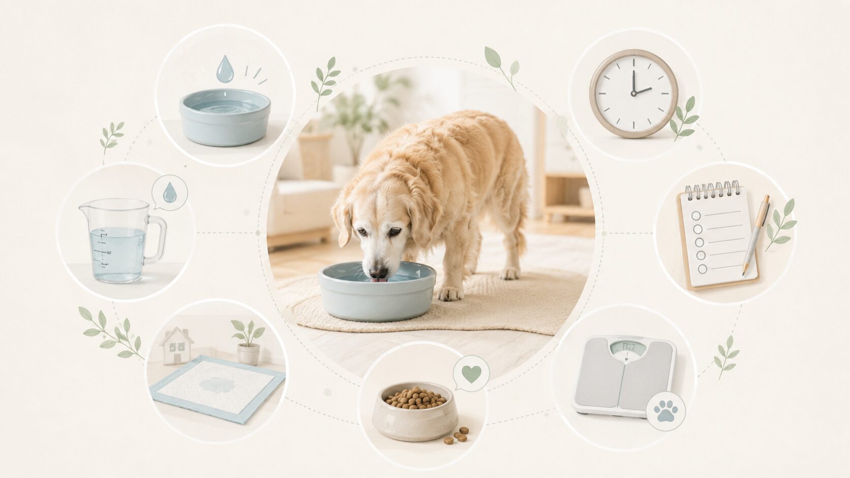 老犬が水をよく飲むときに尿の量やトイレ失敗や食欲の変化も確認する図解