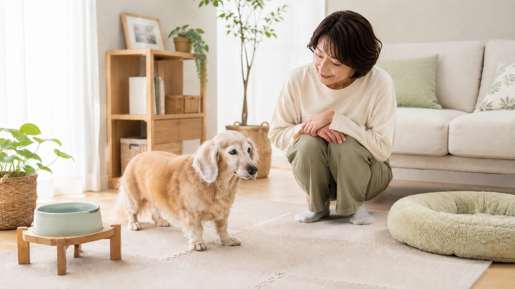 足腰の変化が気になるシニア犬を飼い主がやさしく見守っているイメージ画像