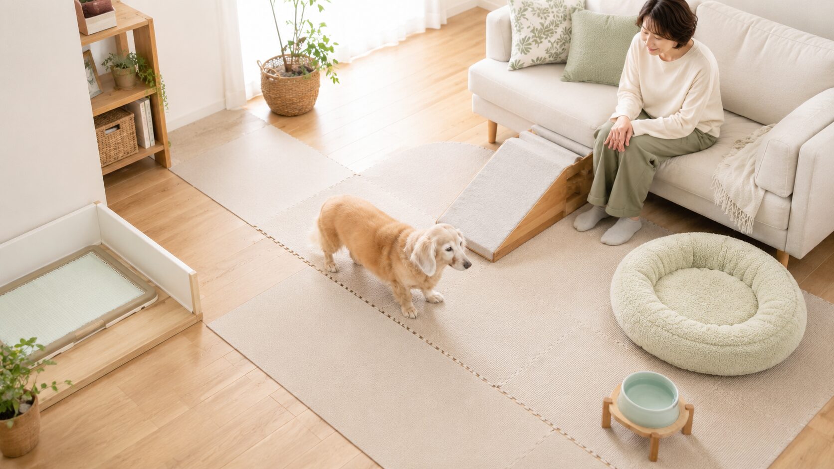 老犬の足腰にやさしい滑り止めマットや段差対策や寝床を整えた住環境の図解