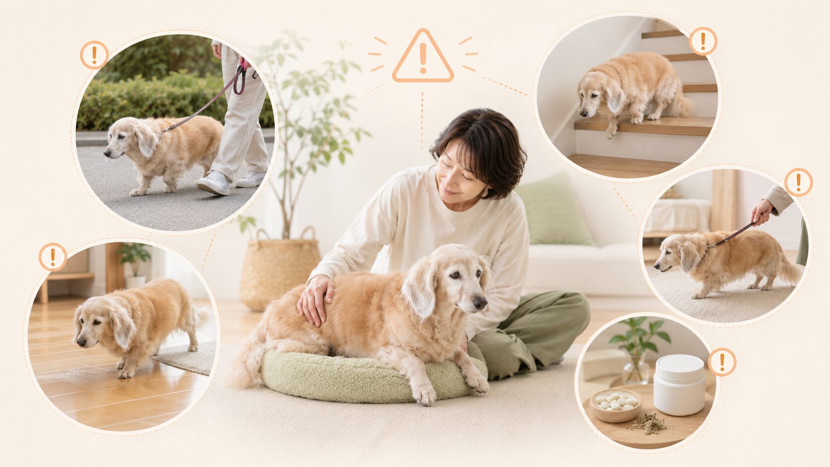 足腰が弱ってきた老犬に無理な散歩や滑る床や段差を避けたいことをまとめた図解