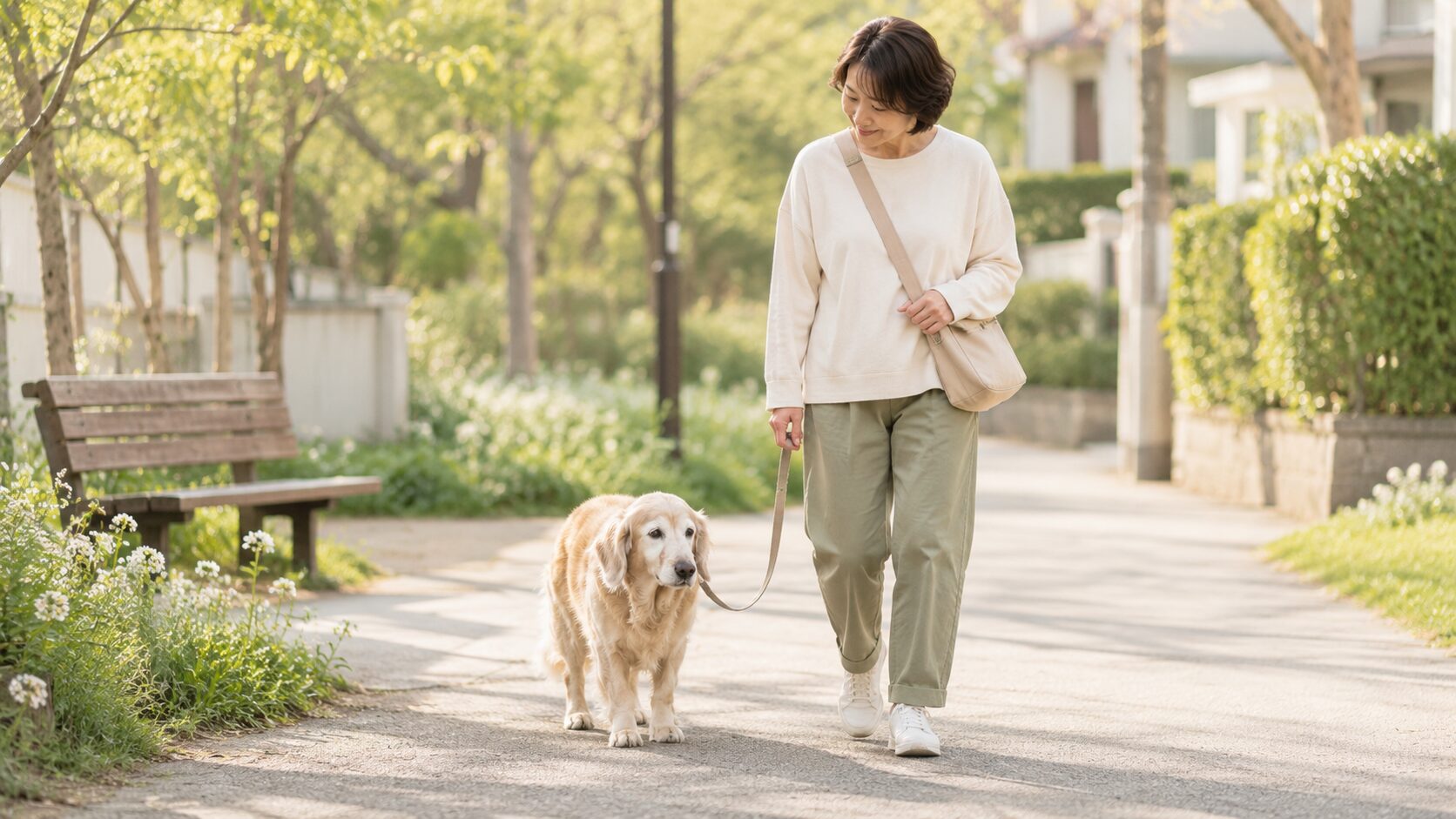 足腰が弱ってきたシニア犬が飼い主と無理のないペースで散歩しているイメージ画像