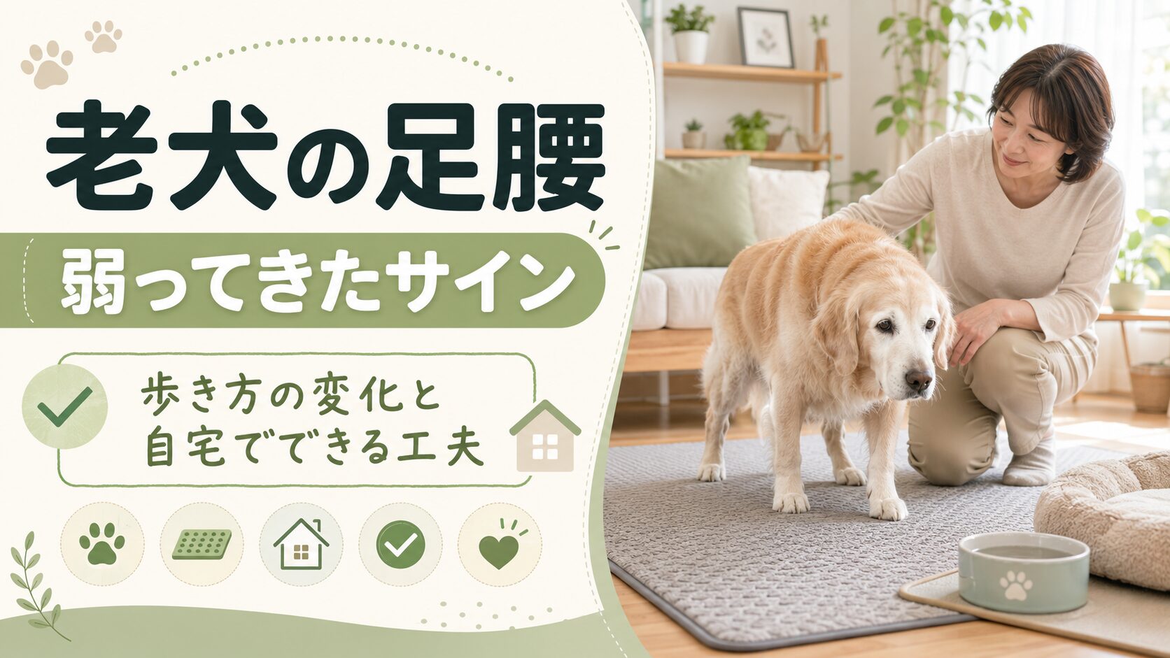 老犬の足腰が弱ってきたサインや歩き方の変化、自宅でできる工夫を解説する記事用アイキャッチ画像