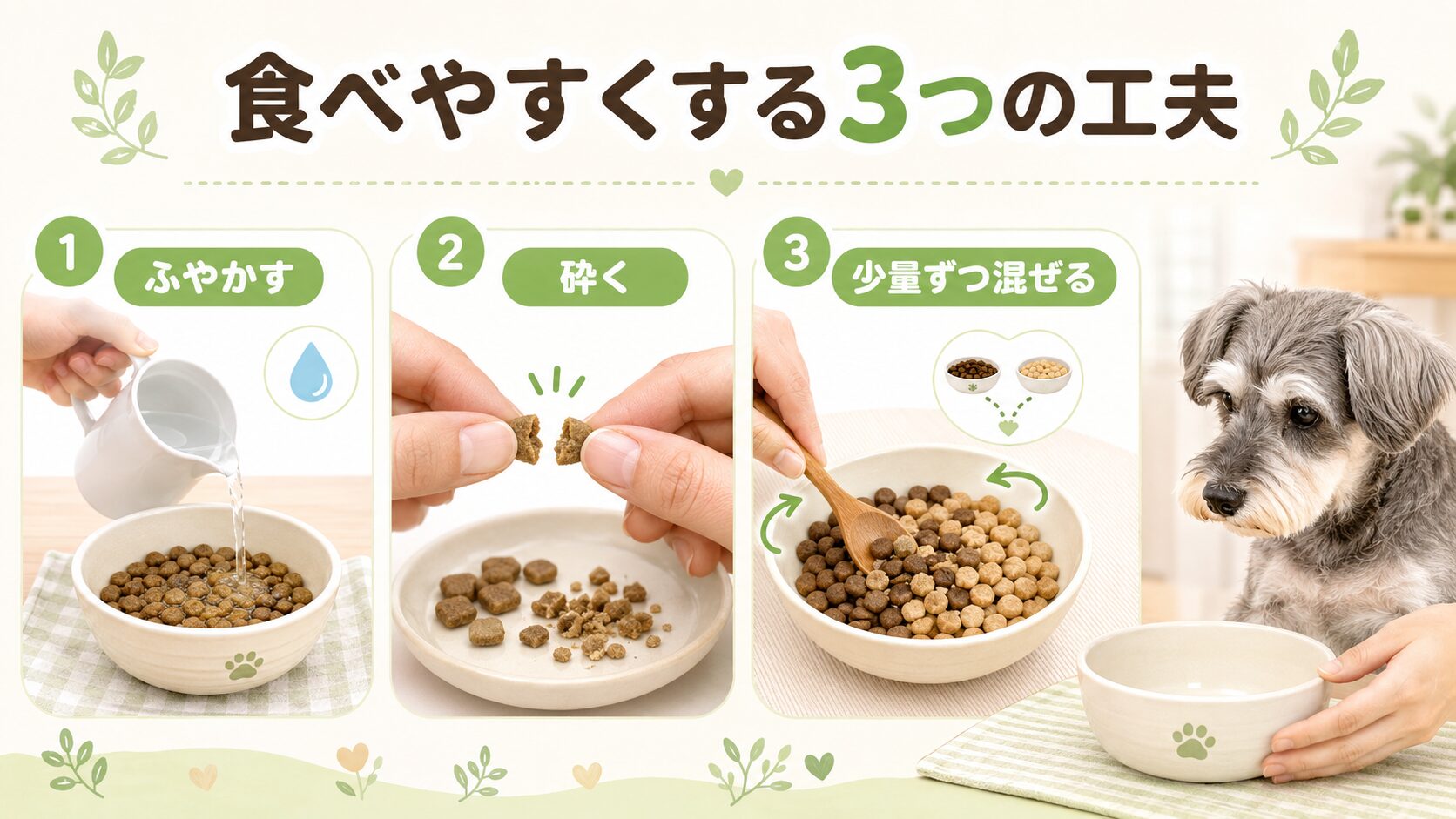 老犬がフードを食べない理由として好み、噛む力、食事姿勢、体調の変化を整理した図解