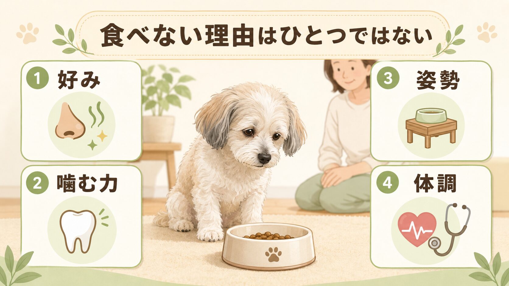 ミシュワンの口コミを見るときに食いつき、小粒、香り、便や価格の変化を確認する図解