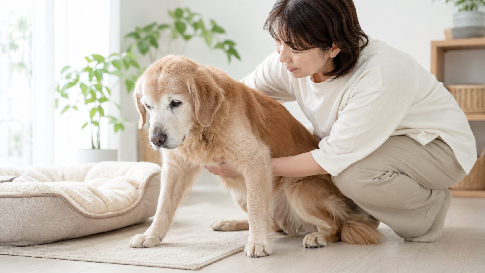 立ち上がりにくくなった老犬を飼い主がやさしく支えている室内の様子