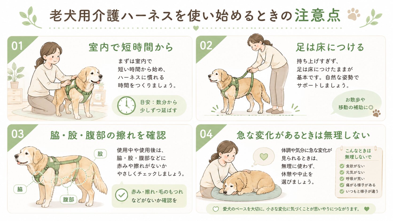 老犬用介護ハーネスを使い始めるときの注意点をまとめた図解