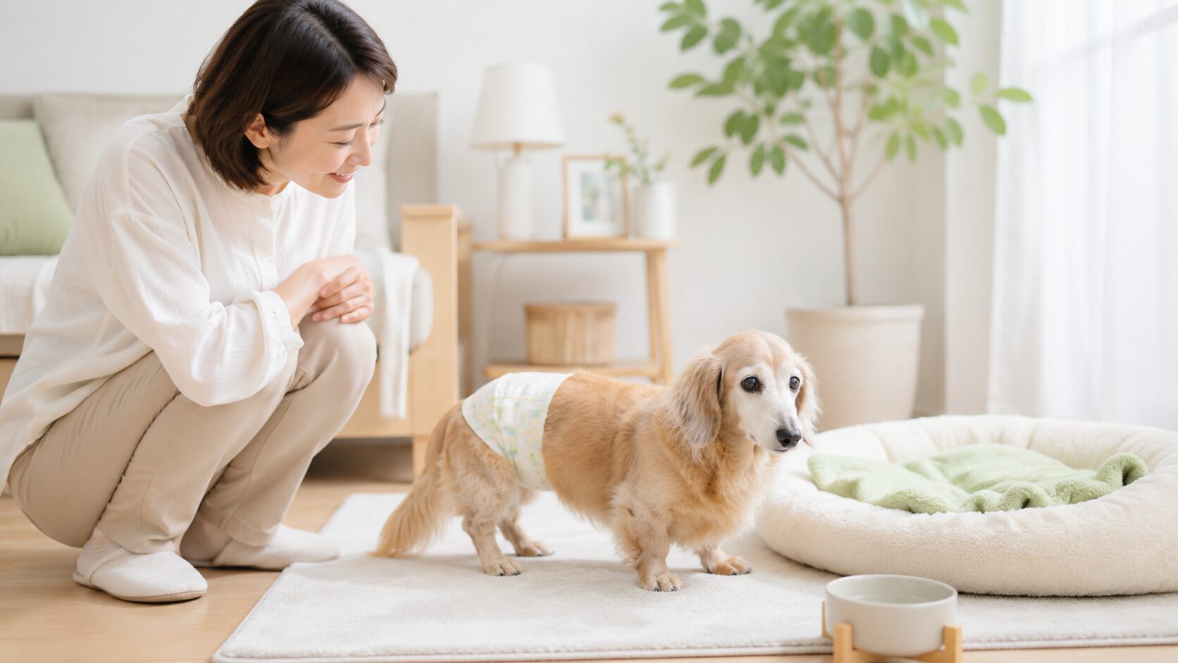 老犬と飼い主が室内で穏やかに過ごしているイメージ