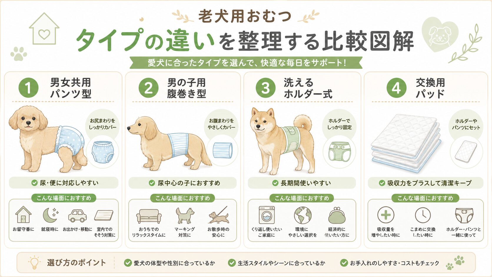 老犬用おむつのタイプの違いを比較した図解