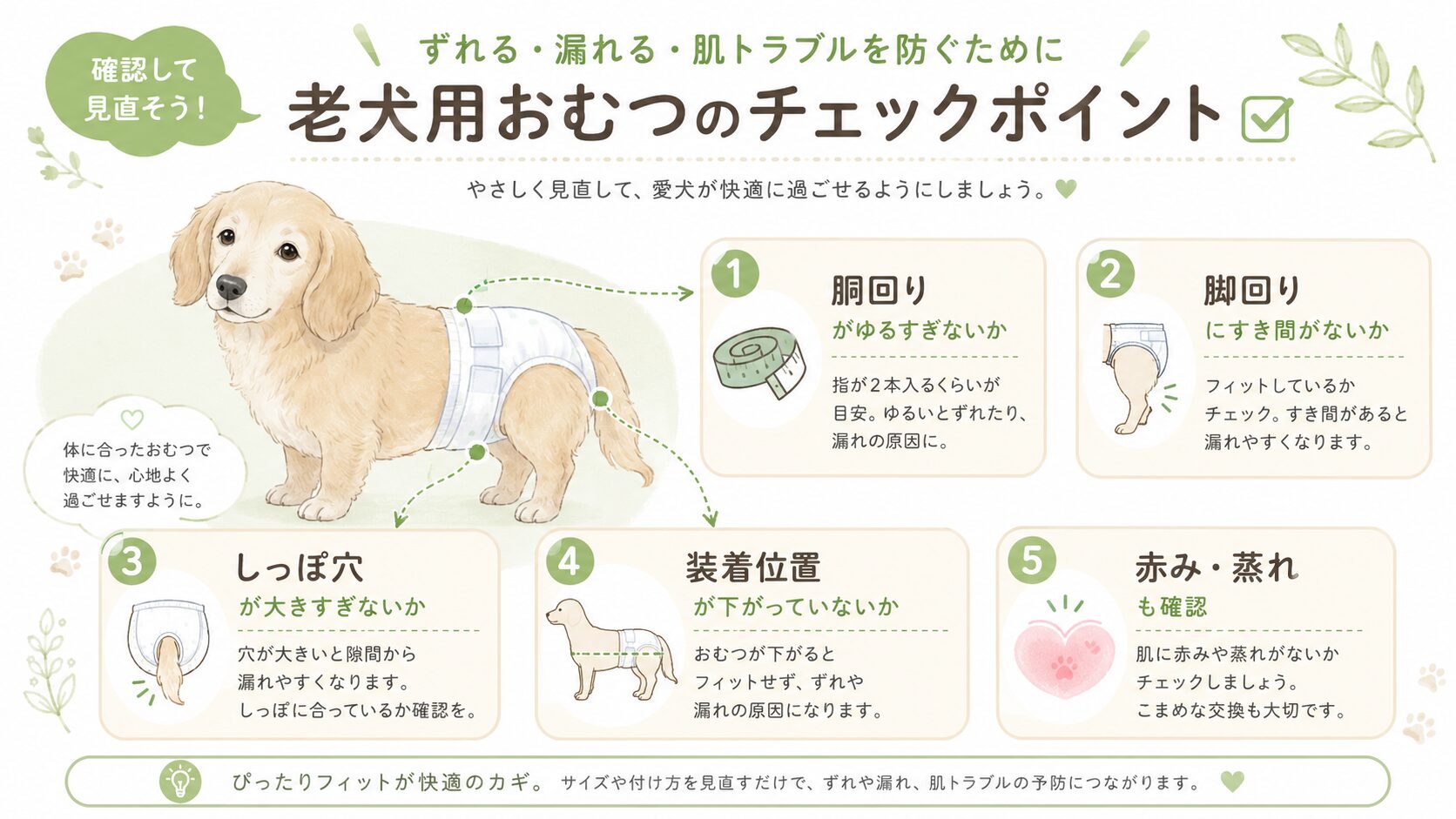 老犬用おむつのずれや漏れ、肌トラブルの確認ポイント図解