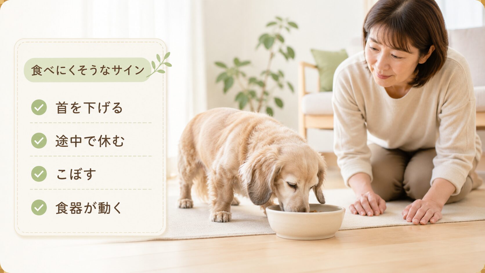 老犬が食器台やフードボウルを見直すサインとして、首下げ、途中で休む、食べこぼし、食器が動く様子を示した図解