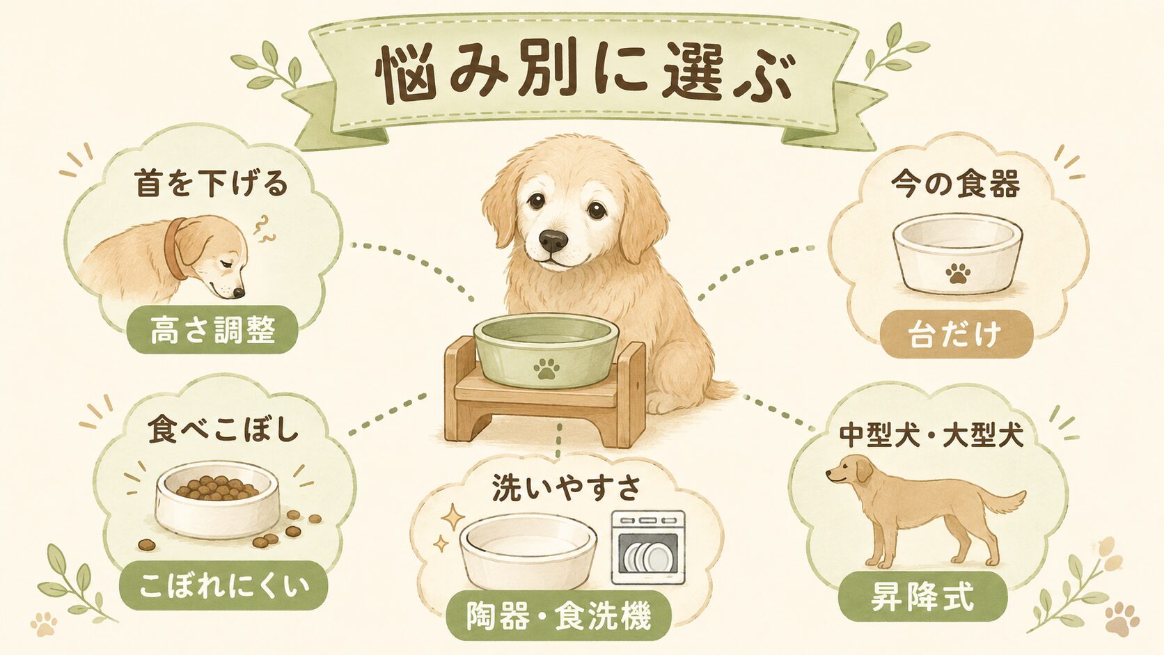 老犬用食器台とフードボウルを、首下げ、今の食器、食べこぼし、洗いやすさ、中型犬・大型犬の悩み別に選ぶ図解