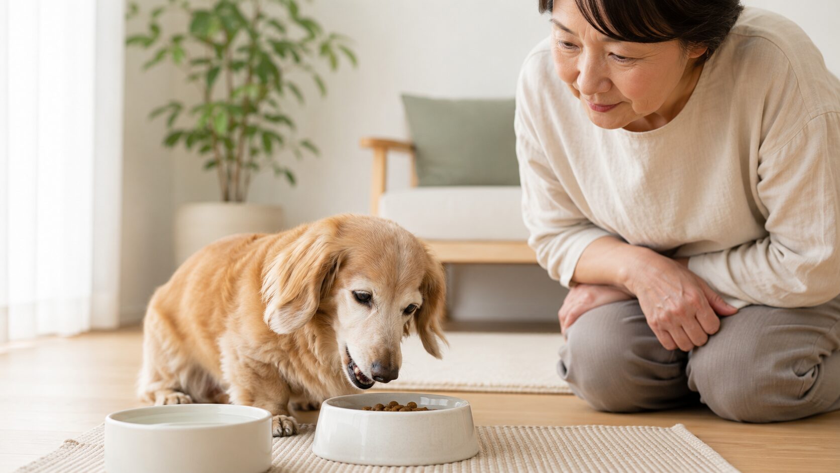 ドライフードを食べにくそうにするシニア犬を見守る飼い主