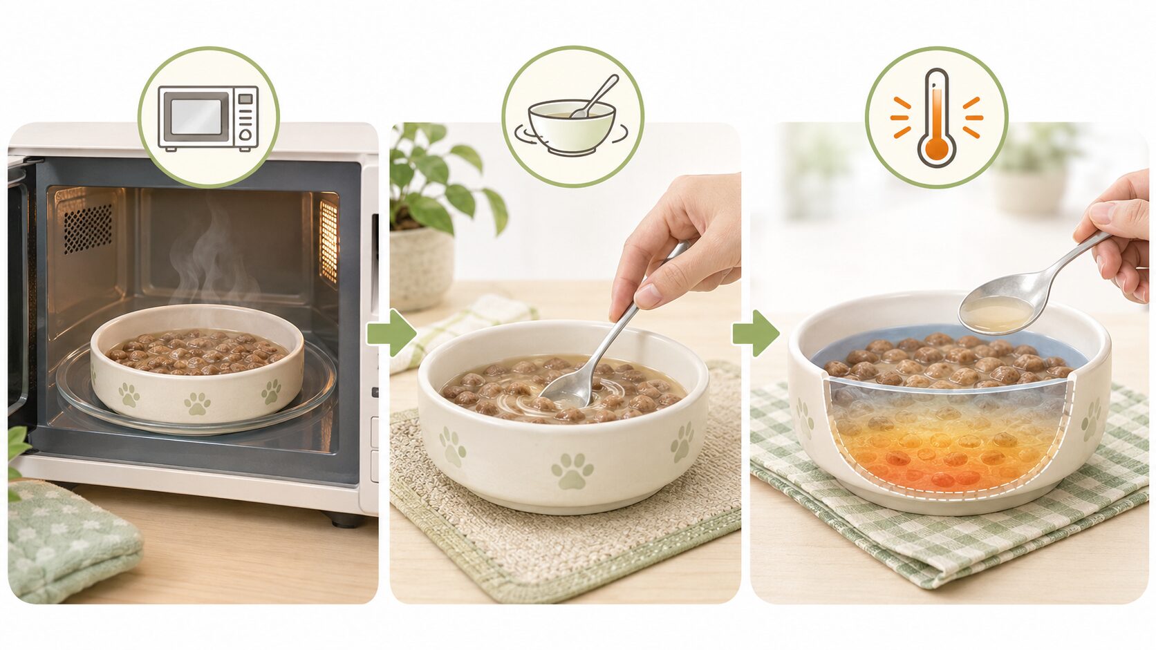電子レンジでふやかしたドッグフードを混ぜて温度を確かめる図解