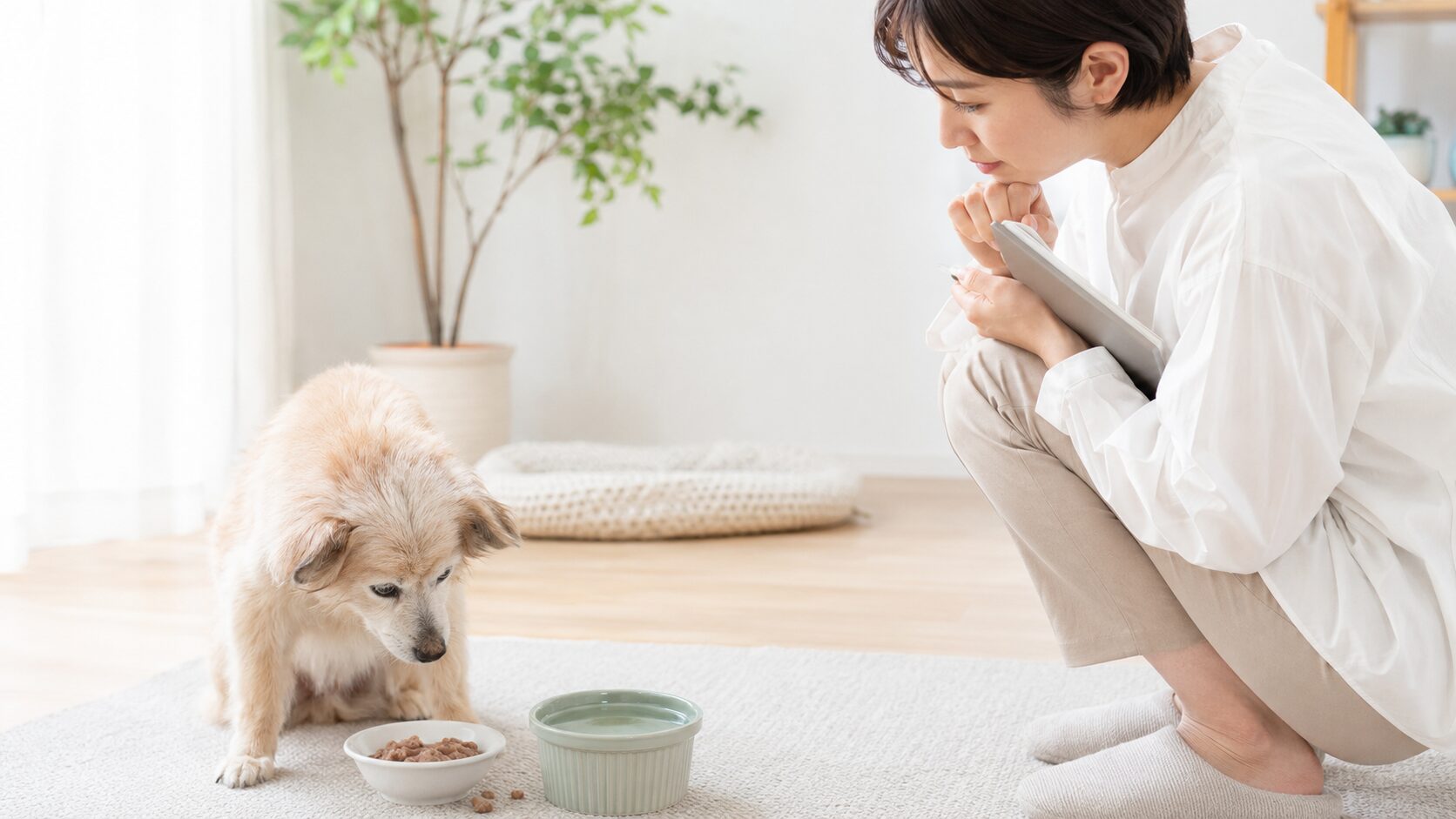 ふやかしたフードを食べないシニア犬の様子を観察する飼い主