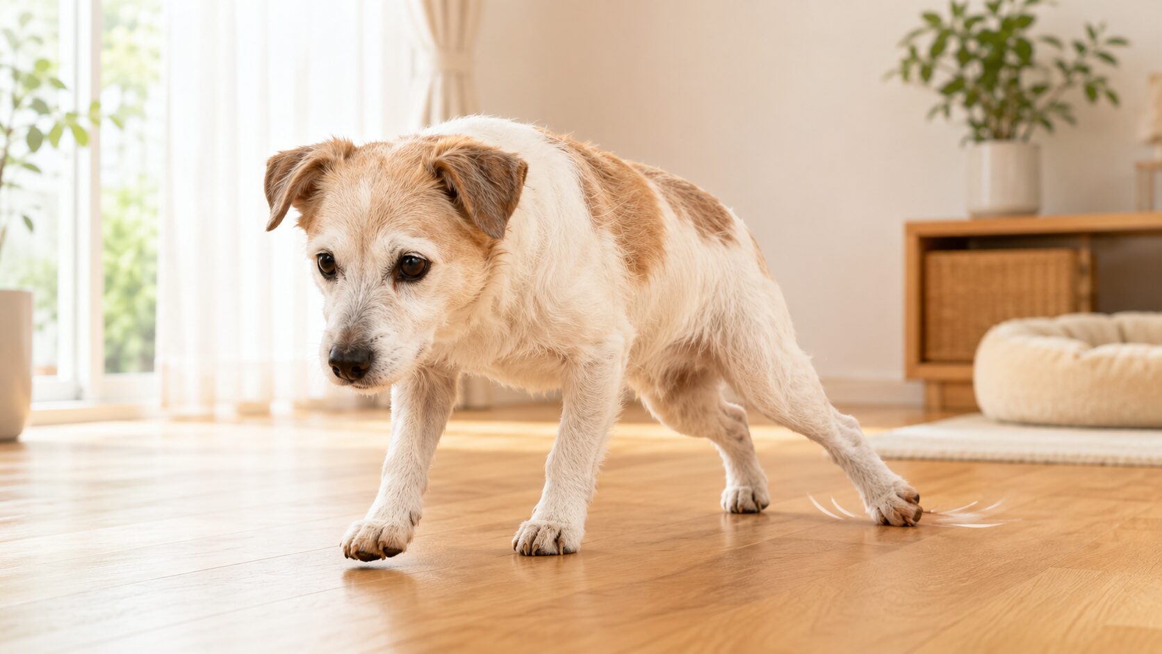 床で滑る老犬の足元と明るい室内