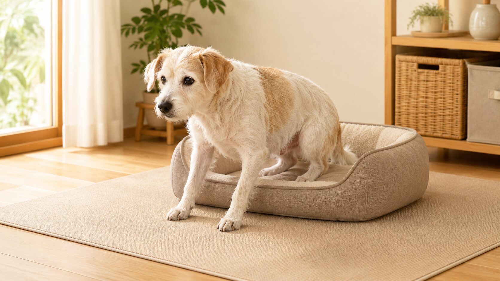 老犬がベッドから起き上がる様子と滑り止めマット