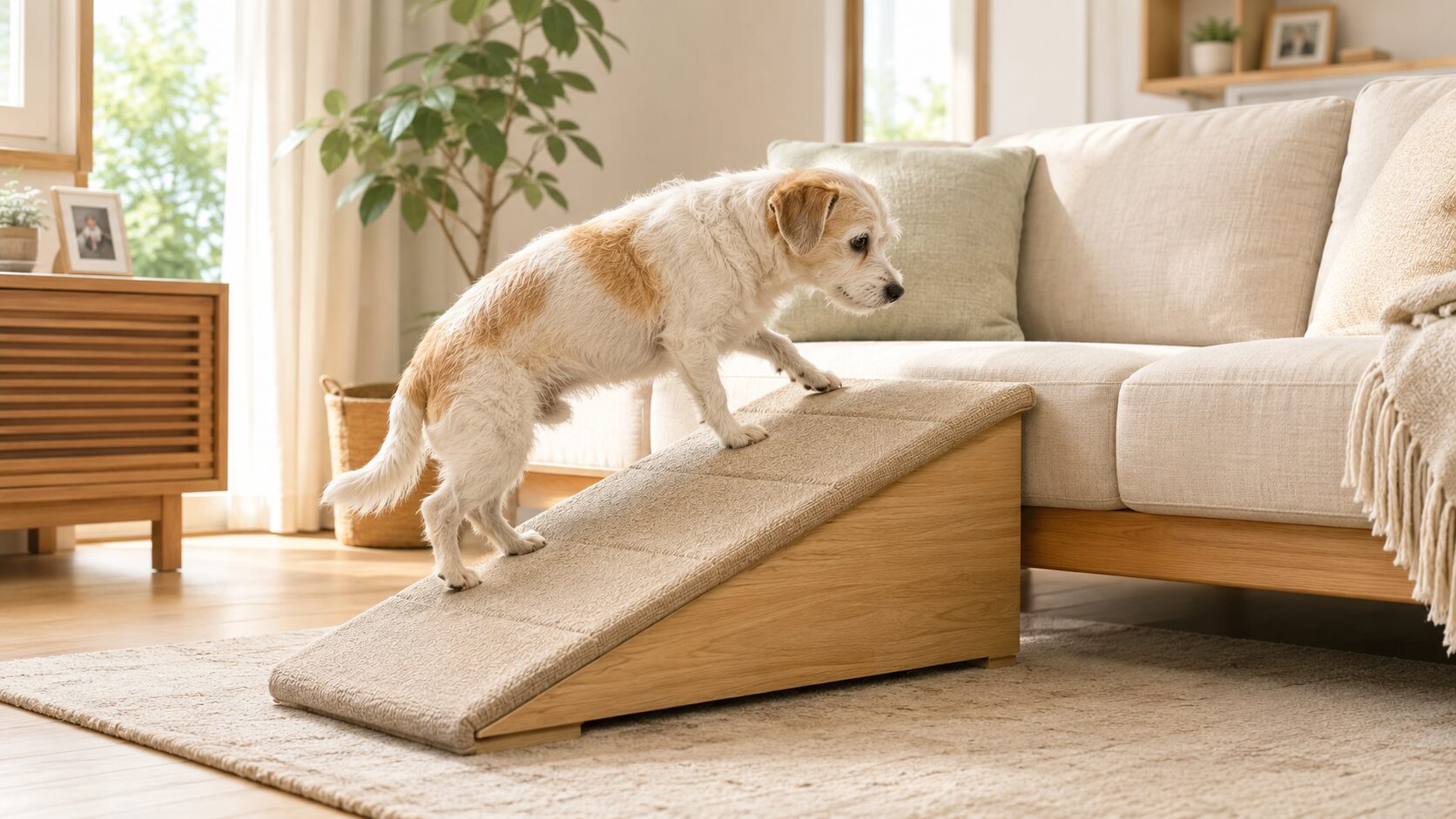 シニア犬がソファ前のペット用スロープを上る様子