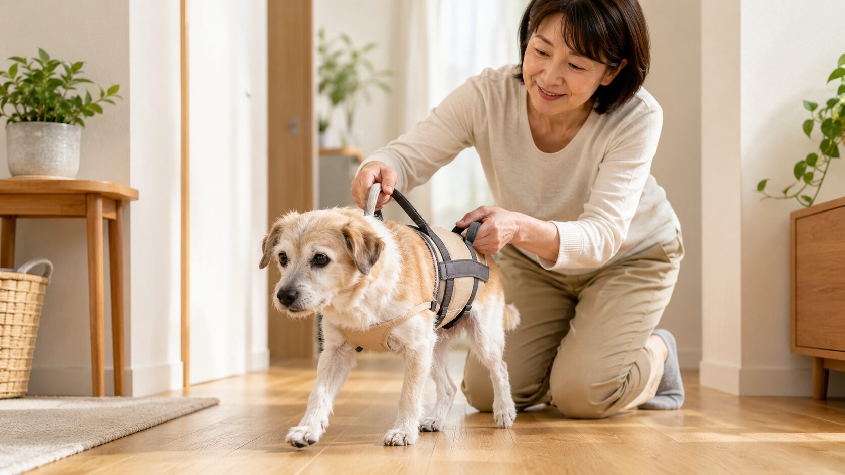 介護ハーネスでシニア犬の歩行を支える飼い主