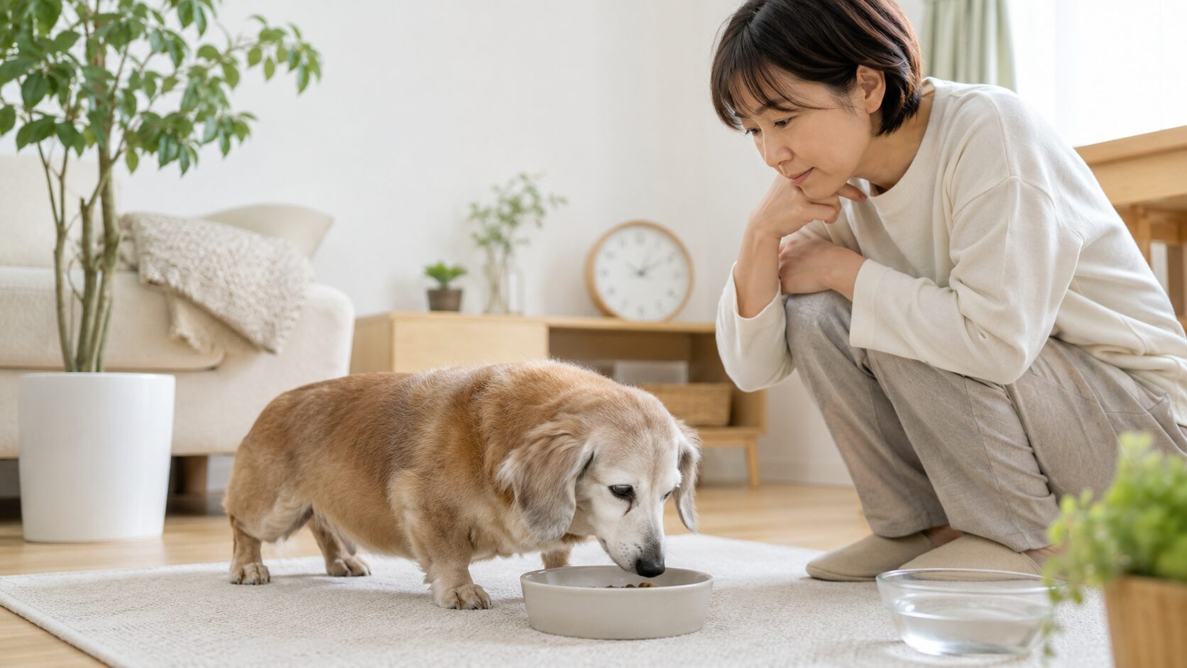 食事を少し残したシニア犬の様子を見ながら食事回数を考える飼い主