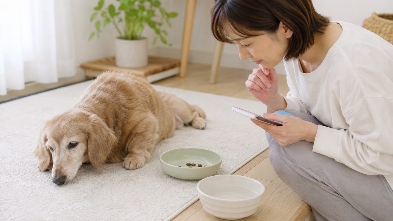 食事回数を増やしても食べないシニア犬の様子を記録する飼い主