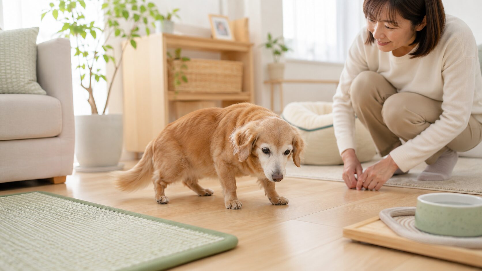 老犬がフローリングで踏ん張りにくそうにしている様子を飼い主が見守る室内