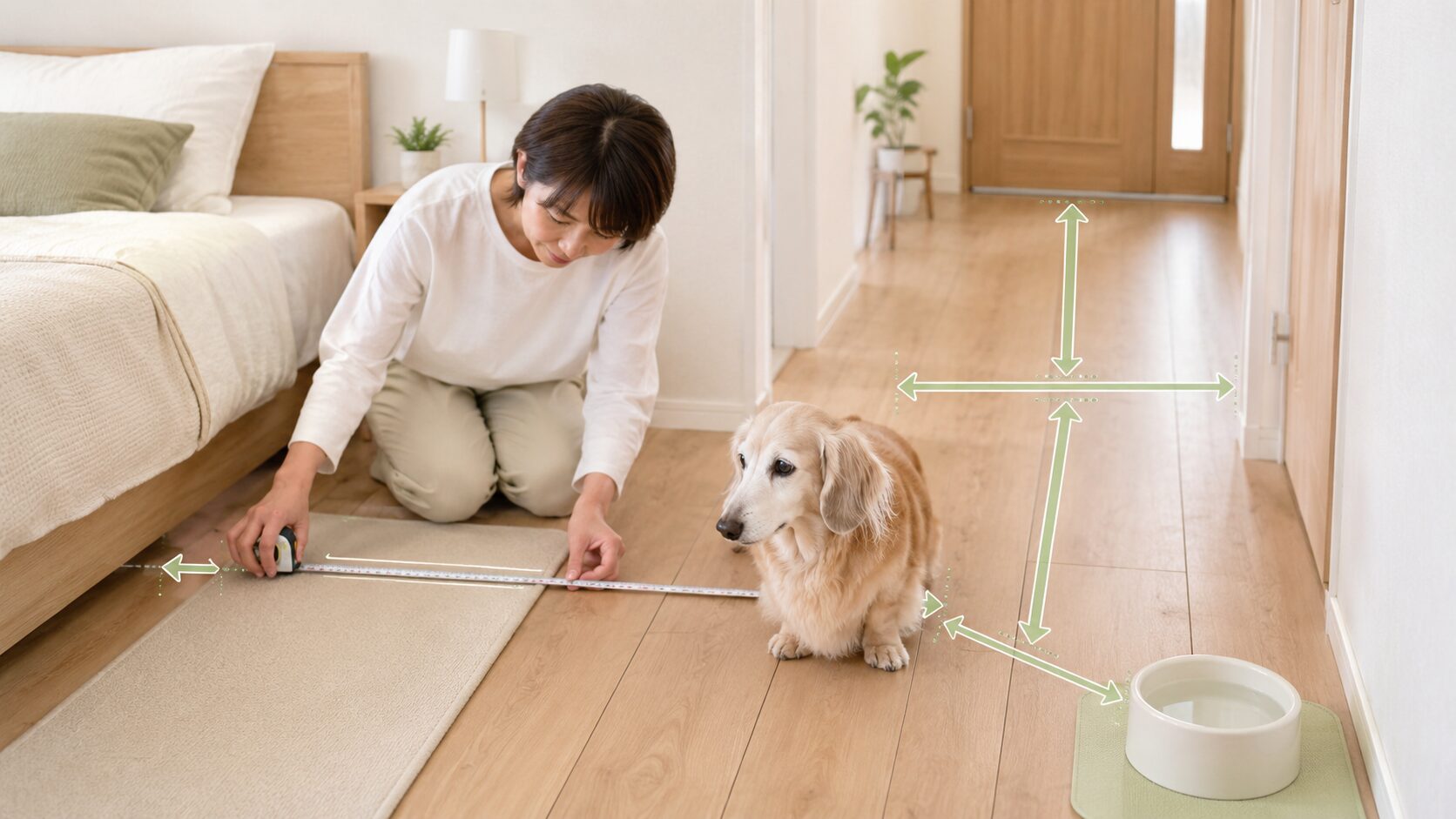 老犬用滑り止めマットを敷くためにベッド前や廊下の幅を測る飼い主
