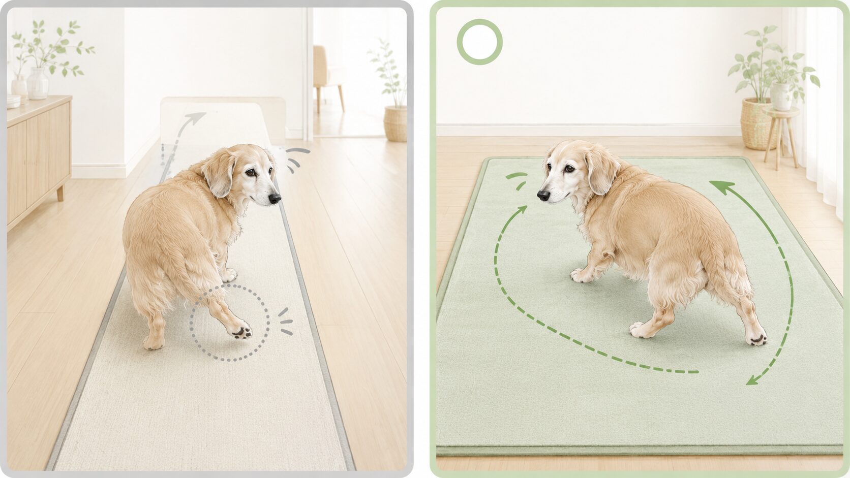 細いマットと広めのマットを比較し老犬が方向転換しやすい敷き方を示す図