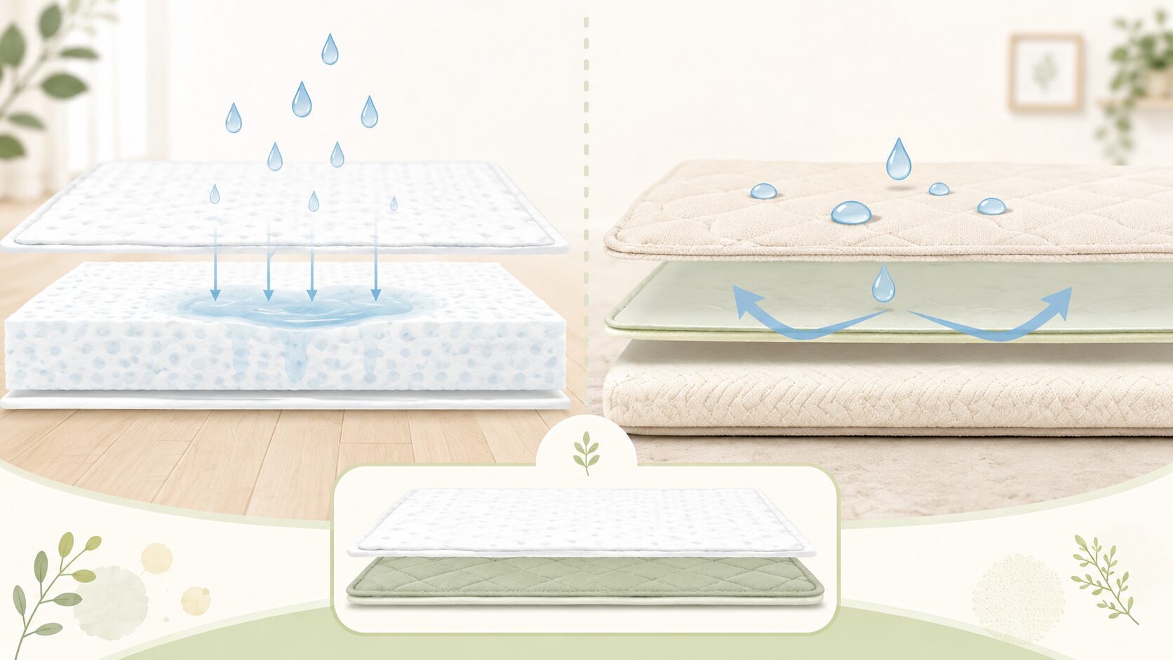 ペットシーツが尿を吸収し、防水シーツが床や寝具への染み込みを抑える違いを示した図