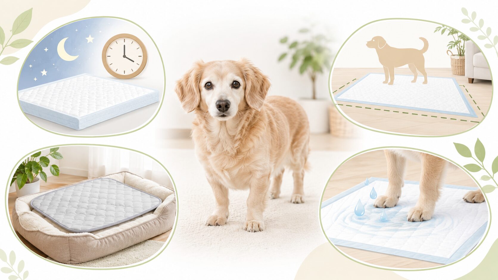 夜間、はみ出し、寝床の粗相、足濡れの悩みから老犬用シーツを選ぶ図