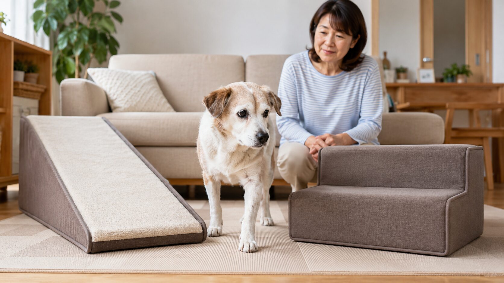 ソファ前の犬用スロープと階段を見比べる老犬と飼い主