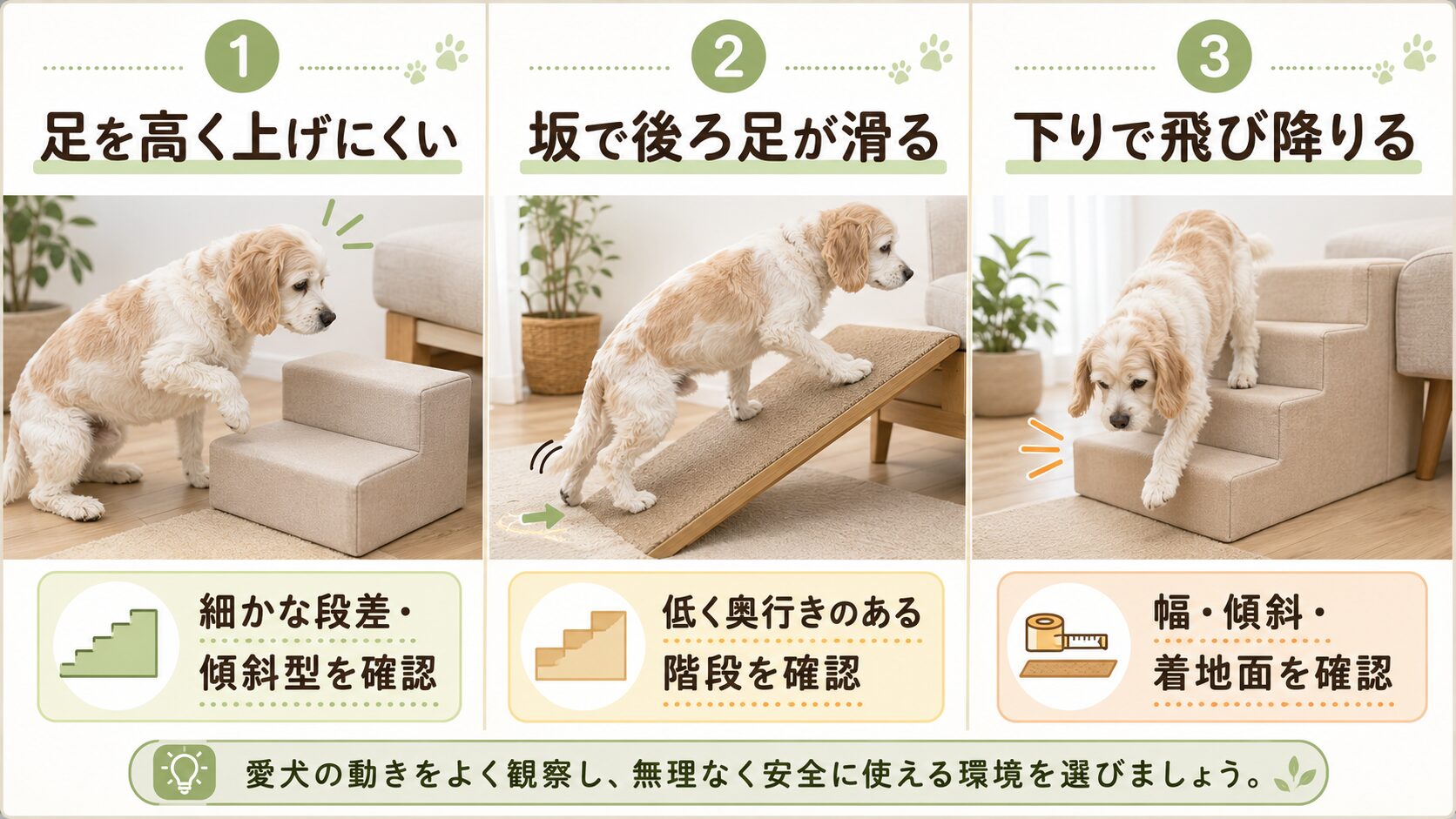 老犬の足の上げにくさ・坂での滑り・下り方から段差用品を選ぶ図