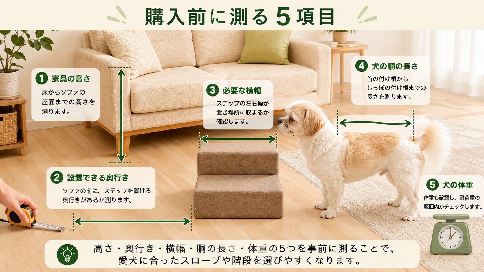 家具の高さ・設置奥行き・横幅・犬の胴の長さを測る方法