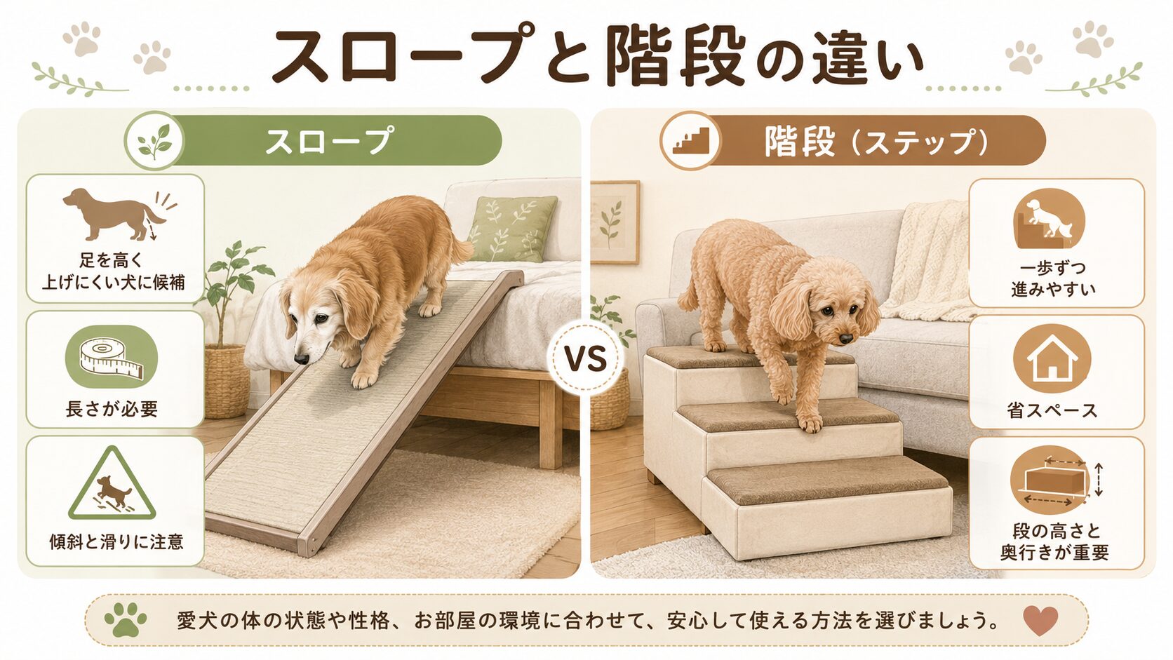 犬用スロープと階段の違いを特徴ごとに左右比較した図解