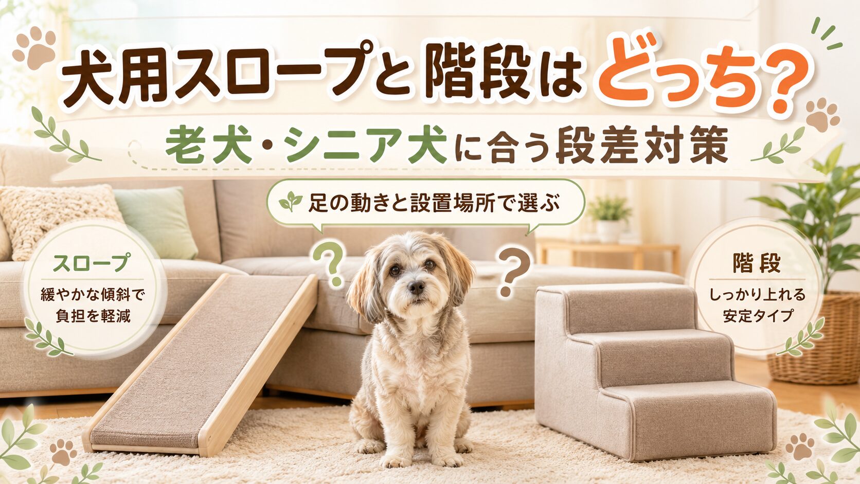 老犬が犬用スロープと階段を前にして迷っている様子を描いた段差対策の比較アイキャッチ画像