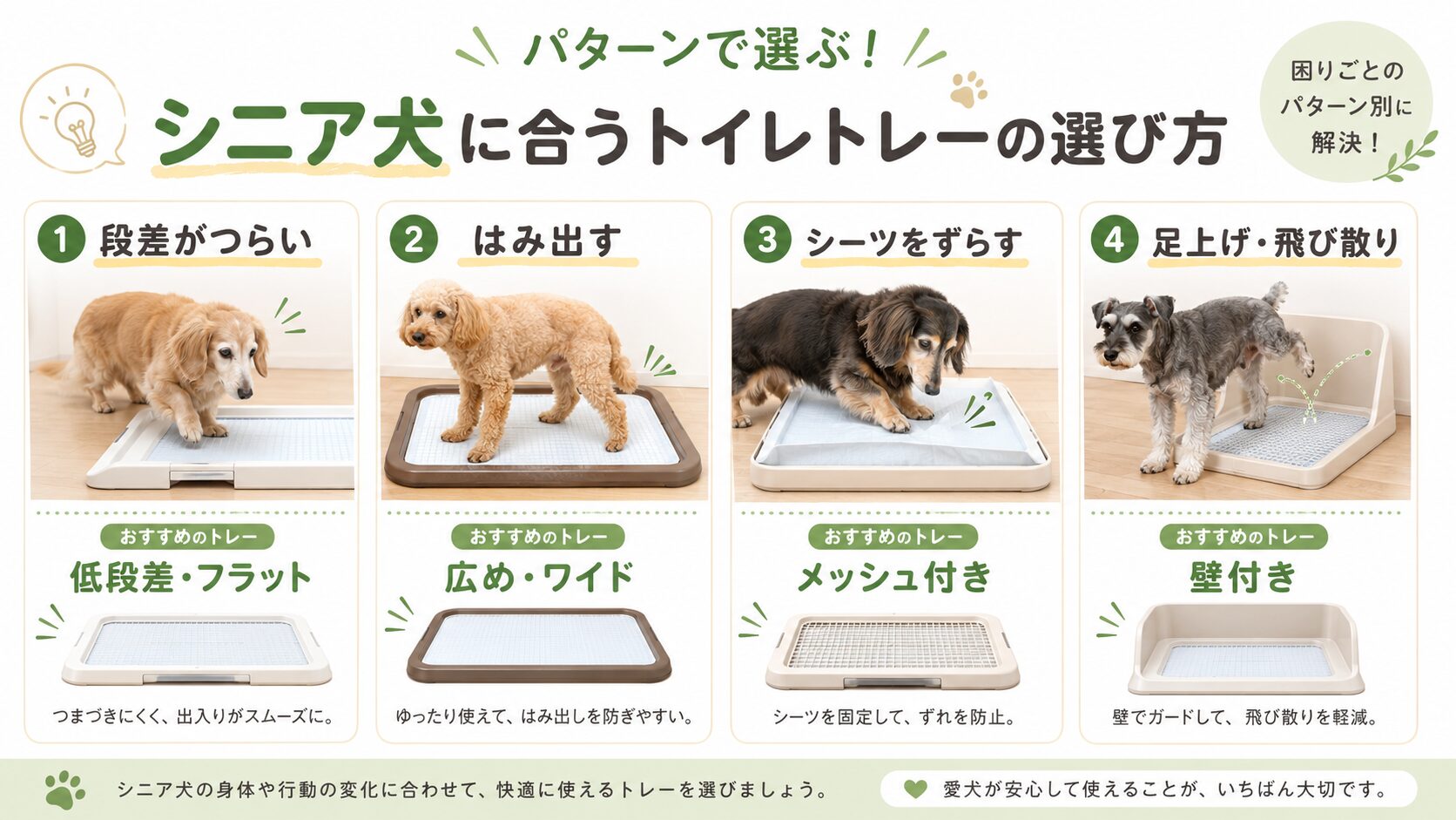 老犬のトイレ失敗パターンに合わせて低段差・広め・メッシュ付き・壁付きトレーを選ぶ図解