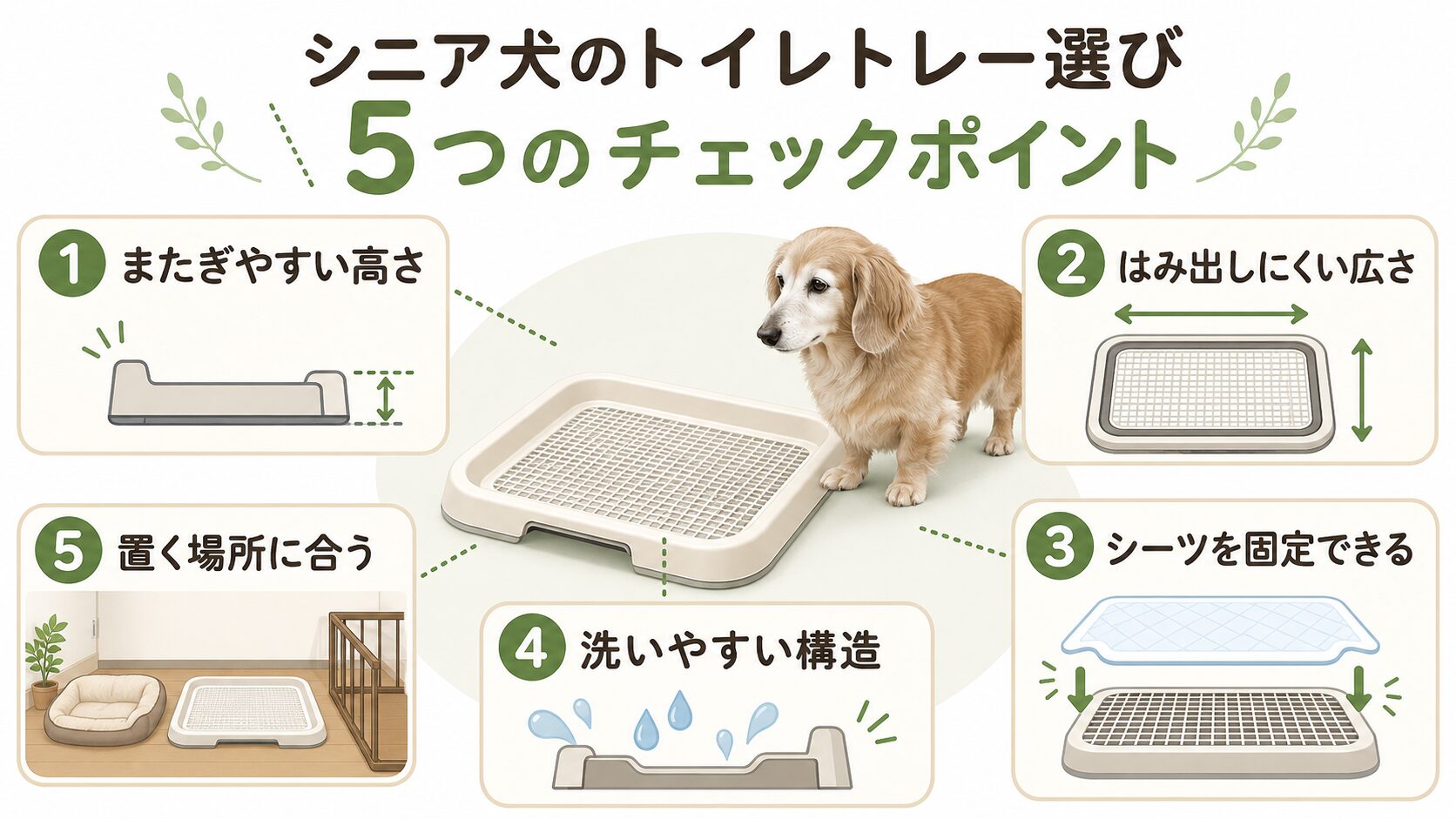 老犬用トイレトレーを選ぶときの高さ・広さ・固定・洗いやすさ・置き場所のチェックポイント