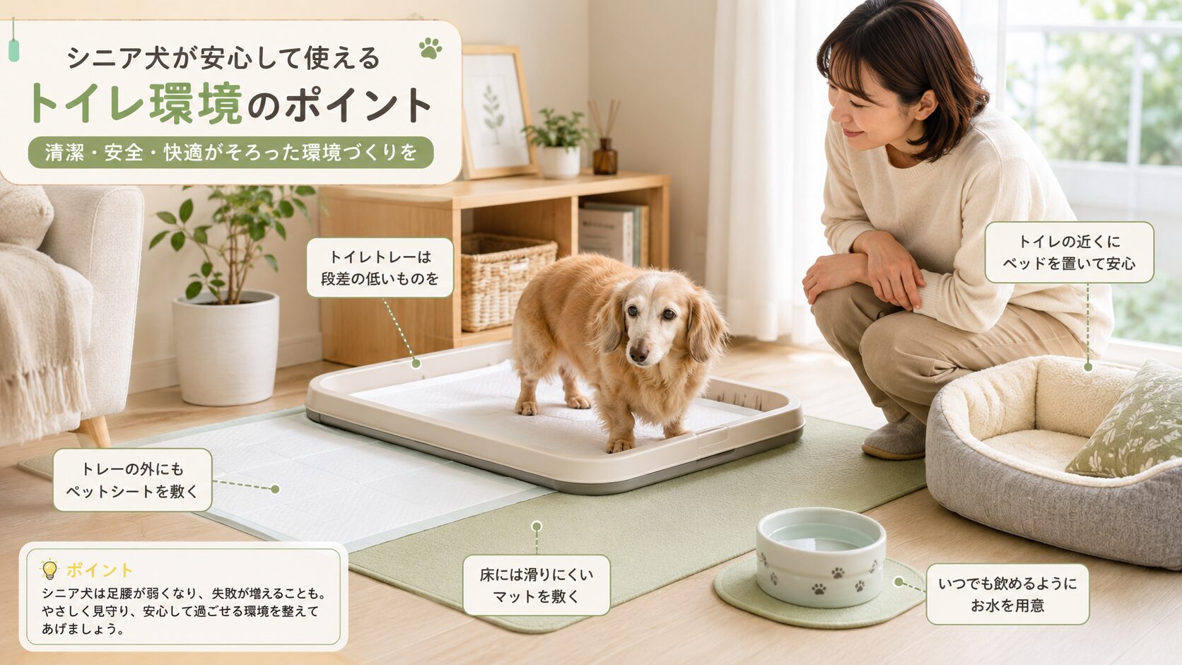 老犬が使いやすいように低いトイレトレー、ペットシーツ、滑り止めマットを整えた室内