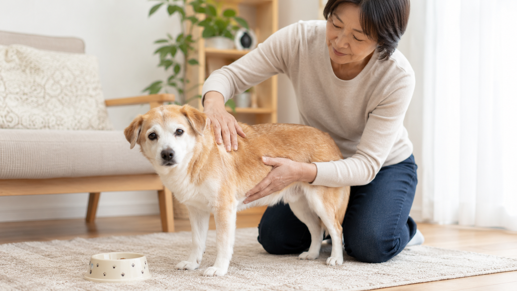 シニア犬の体型や食事の変化を確認する飼い主のイメージ