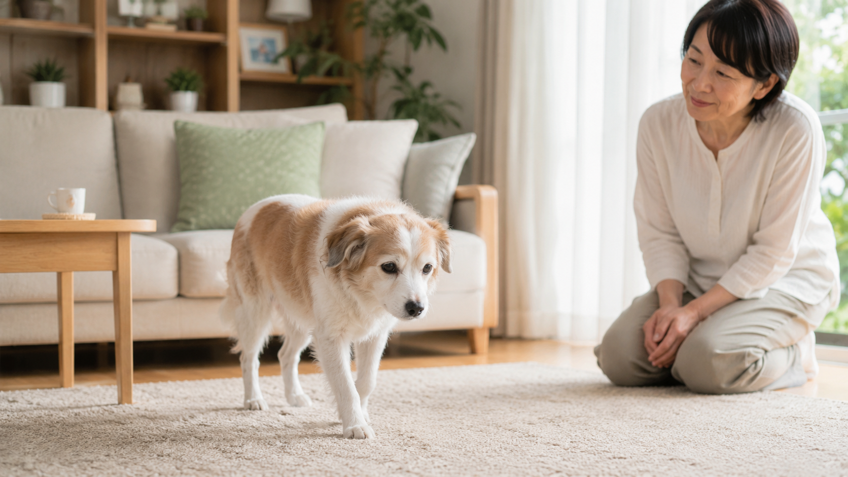シニア犬の活動量や体調の変化を見守る飼い主のイメージ