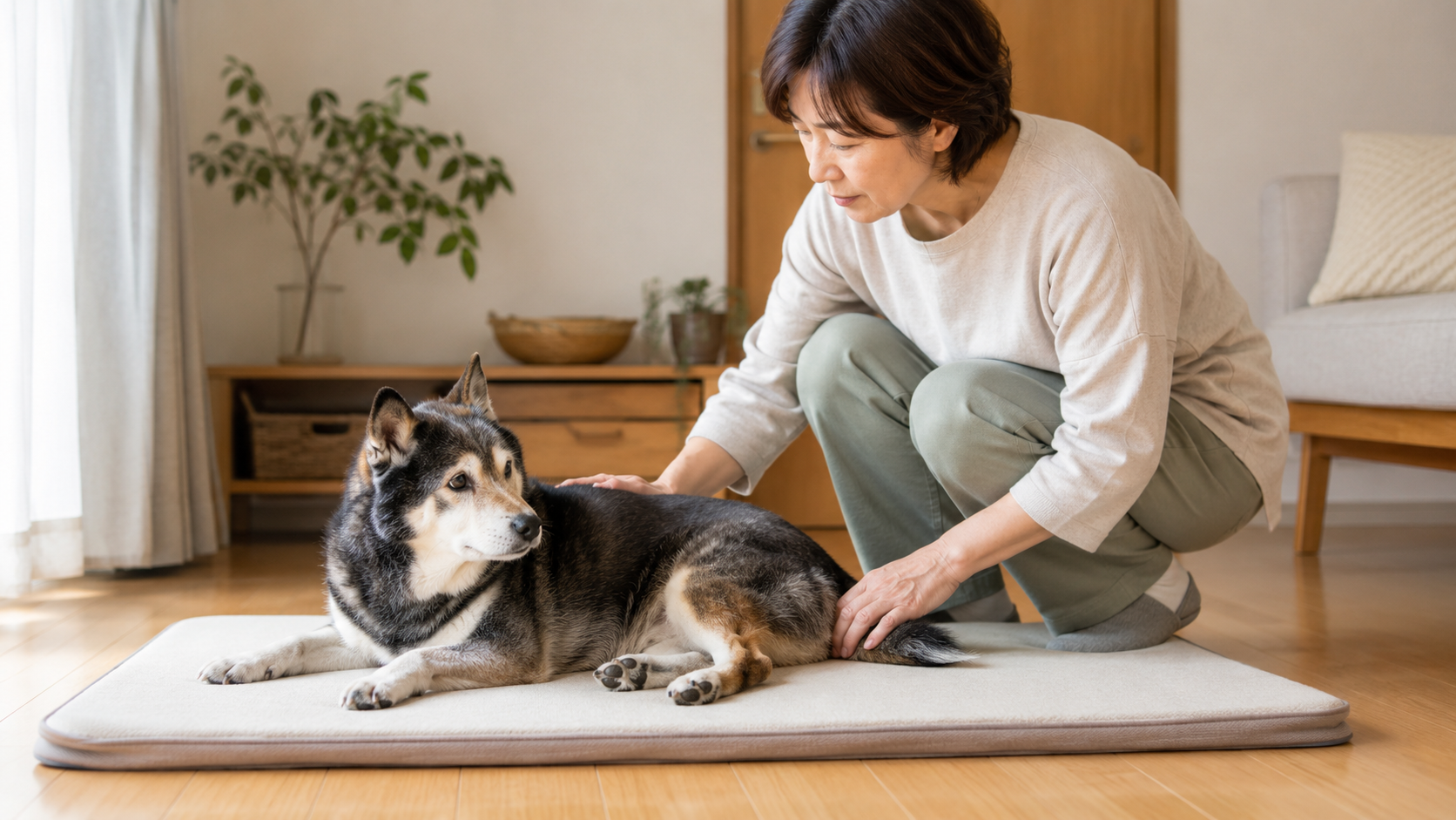 介護マットの上で休むシニア犬の寝姿勢や動きを確認する飼い主