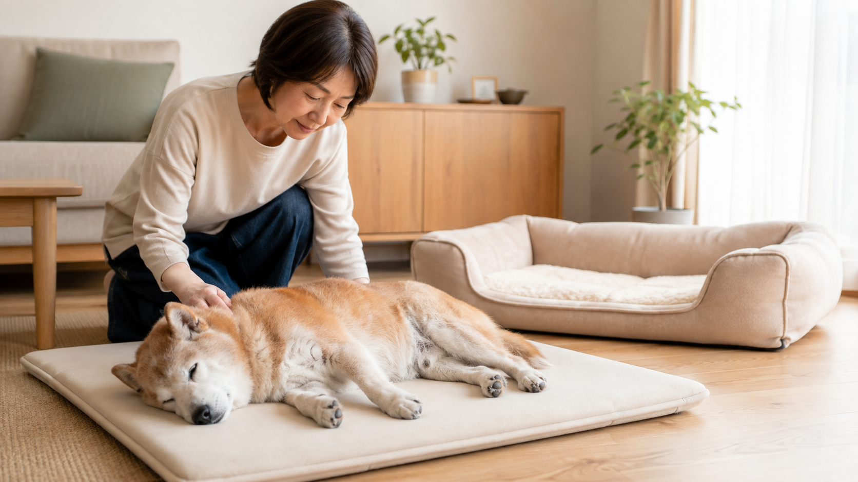 シニア犬用ベッドとフラットな介護マットを置いた老犬の寝床