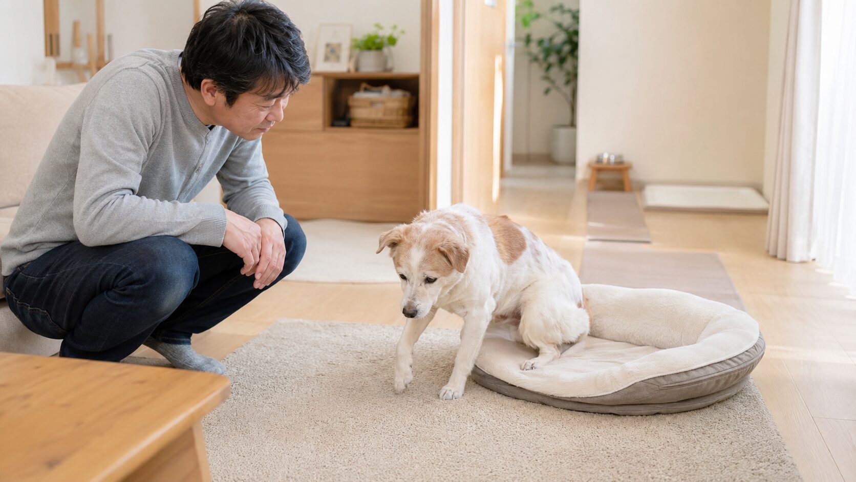ベッドからゆっくり立ち上がるシニア犬を見守る飼い主