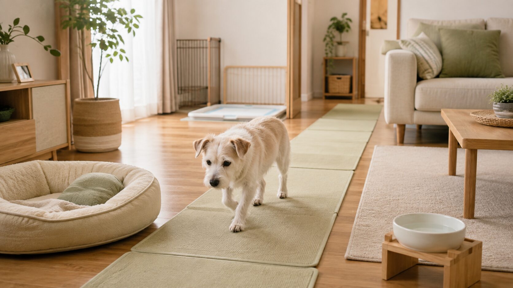 ベッドからトイレや水飲み場へ続く滑りにくい生活動線を歩くシニア犬