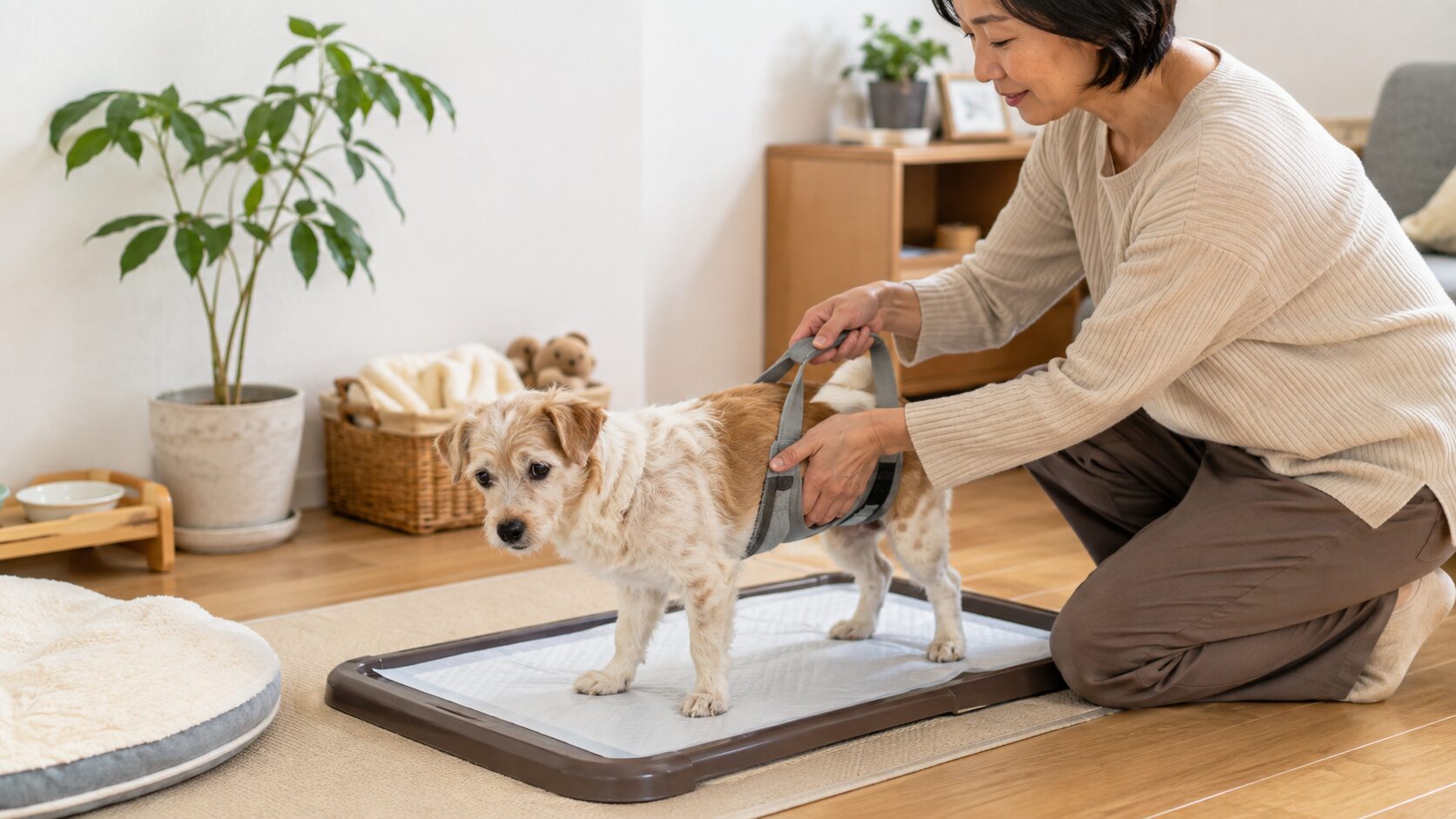 介護ハーネスでシニア犬の排泄姿勢を支える飼い主