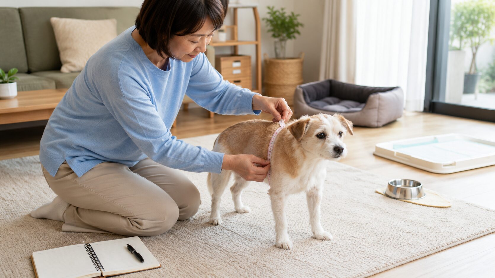 介護用品を選ぶ前にシニア犬の胴回りを測る飼い主