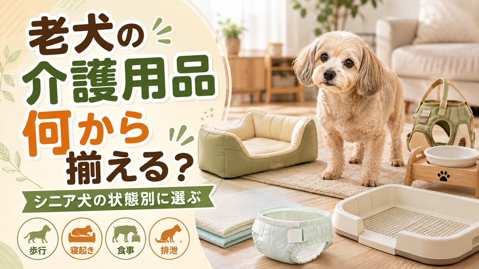 老犬の介護用品としてベッド、介護ハーネス、食器台、トイレ用品などを紹介するアイキャッチ画像